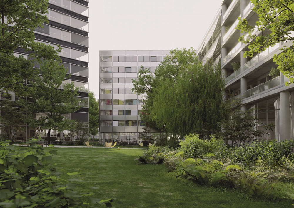 nuHOLL: a dense urban neighborhood gathering around a shared lush landscape.