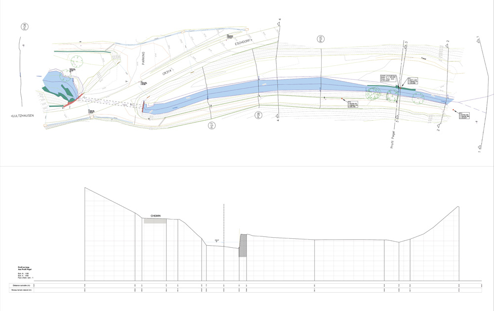 6	Ruisseau à Diirbach - vue en plan et profil -  relevé topographique. MOA : AGE